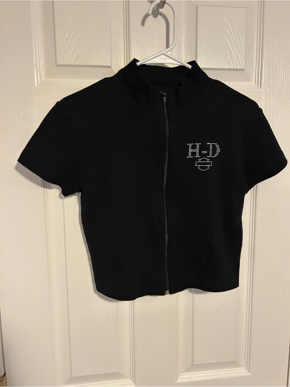 Harley-Davidson Black Short-Sleeve Zip Front Top with Rhinestone Logo